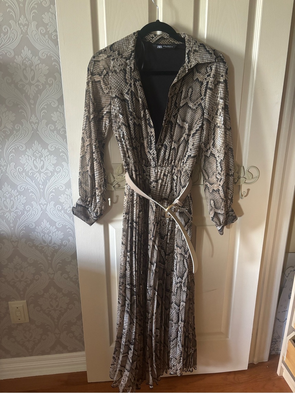 ZARA Taupe and Black Snake-Print Maxi Shirt Dress